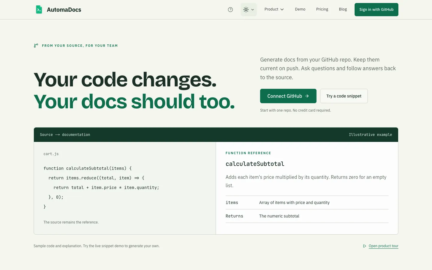 AutomaDocs home page on a dark background: the heading "Code documentation your team can actually trust." beside a product preview showing a documentation map, an Ask the repo answer with cited file paths, and freshness and coverage gauges.
