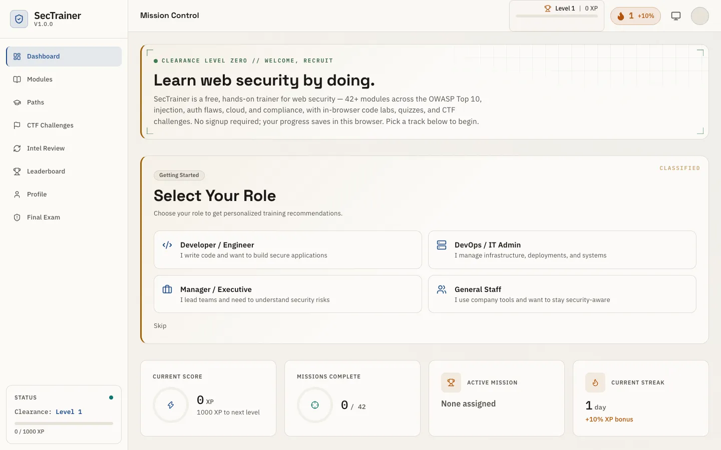 Security Trainer interface