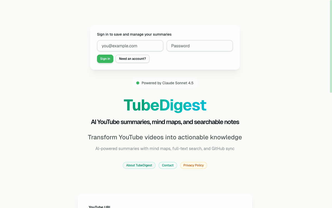 TubeDigest application interface