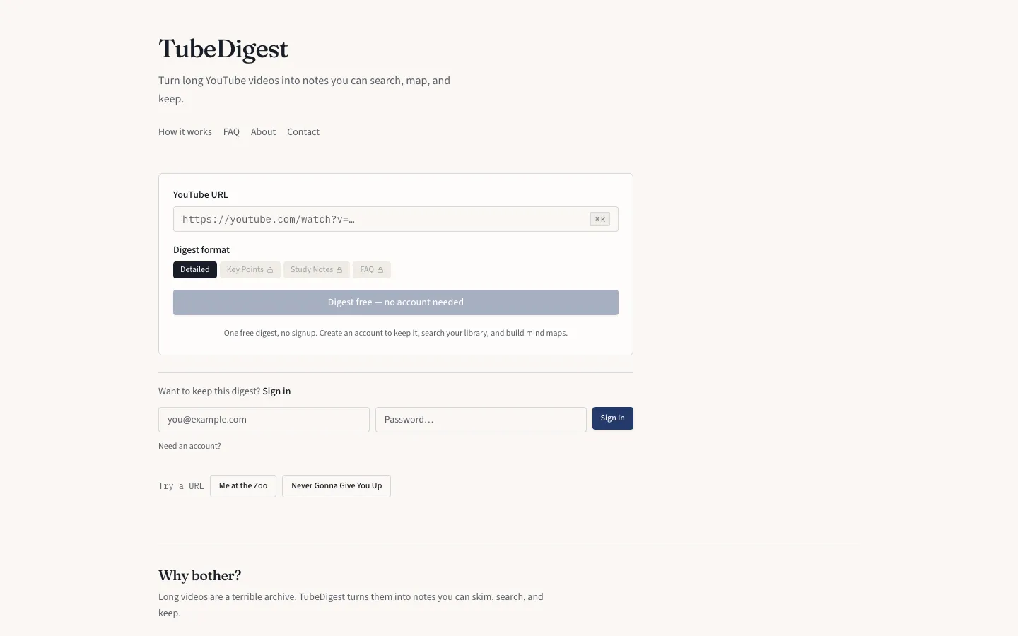 TubeDigest interface